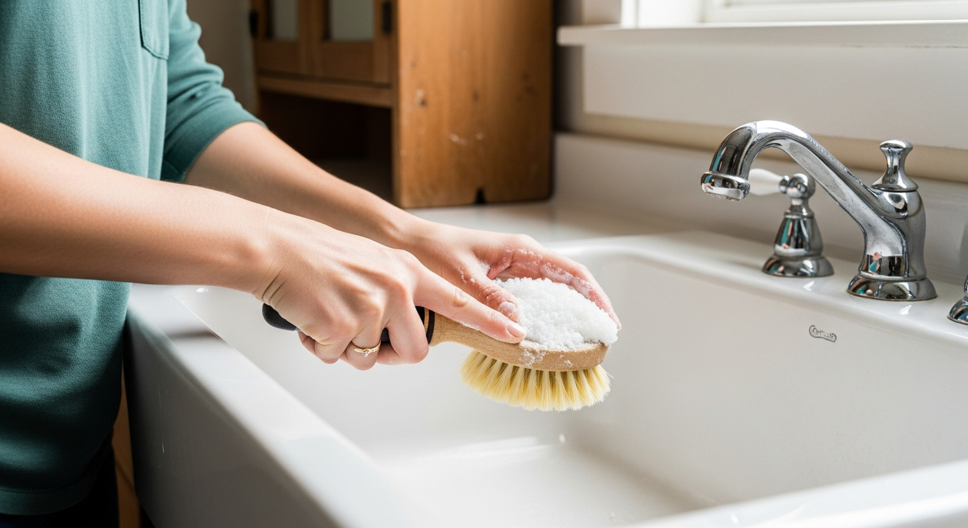 Hands scrubbing a white porcelain sink with homemade scouring powder and a stiff brush