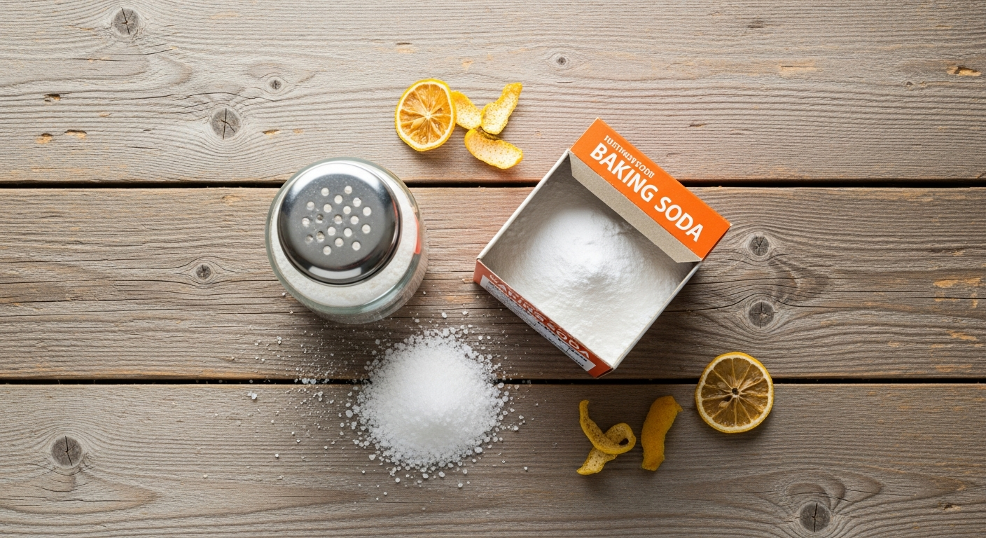 Homemade scouring powder in a glass spice shaker with baking soda and washing soda on rustic wood