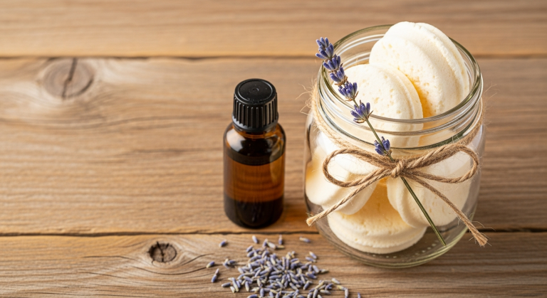 DIY shower steamers in a mason jar with twine and lavender as a handmade gift