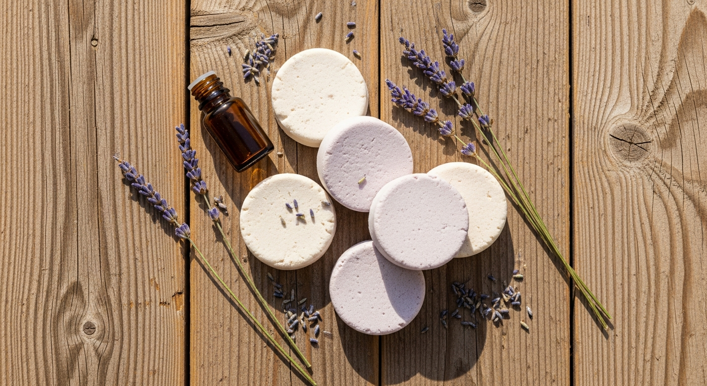 Homemade shower steamers flat lay with lavender and essential oil on rustic wood