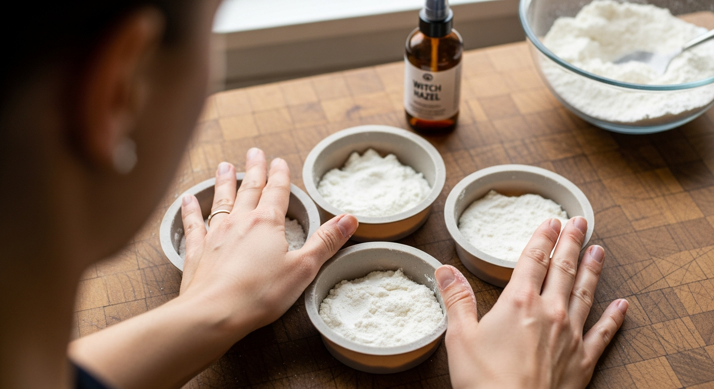 Hands pressing homemade shower steamer mixture into round silicone molds