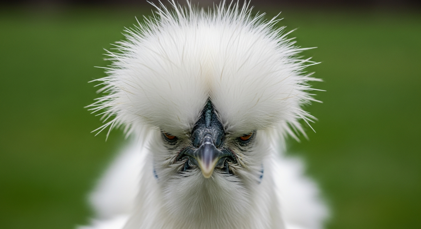 White Silkie chicken close-up showing fluffy pom-pom crest and distinctive soft feathers