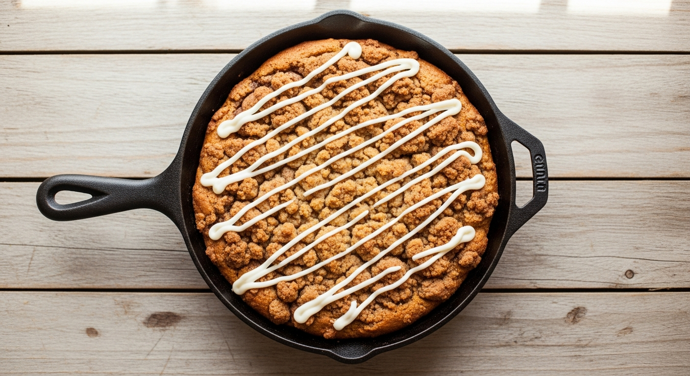 Golden-brown skillet coffee cake in a cast iron pan with cinnamon streusel topping and cream cheese drizzle on a wood farmhouse surface