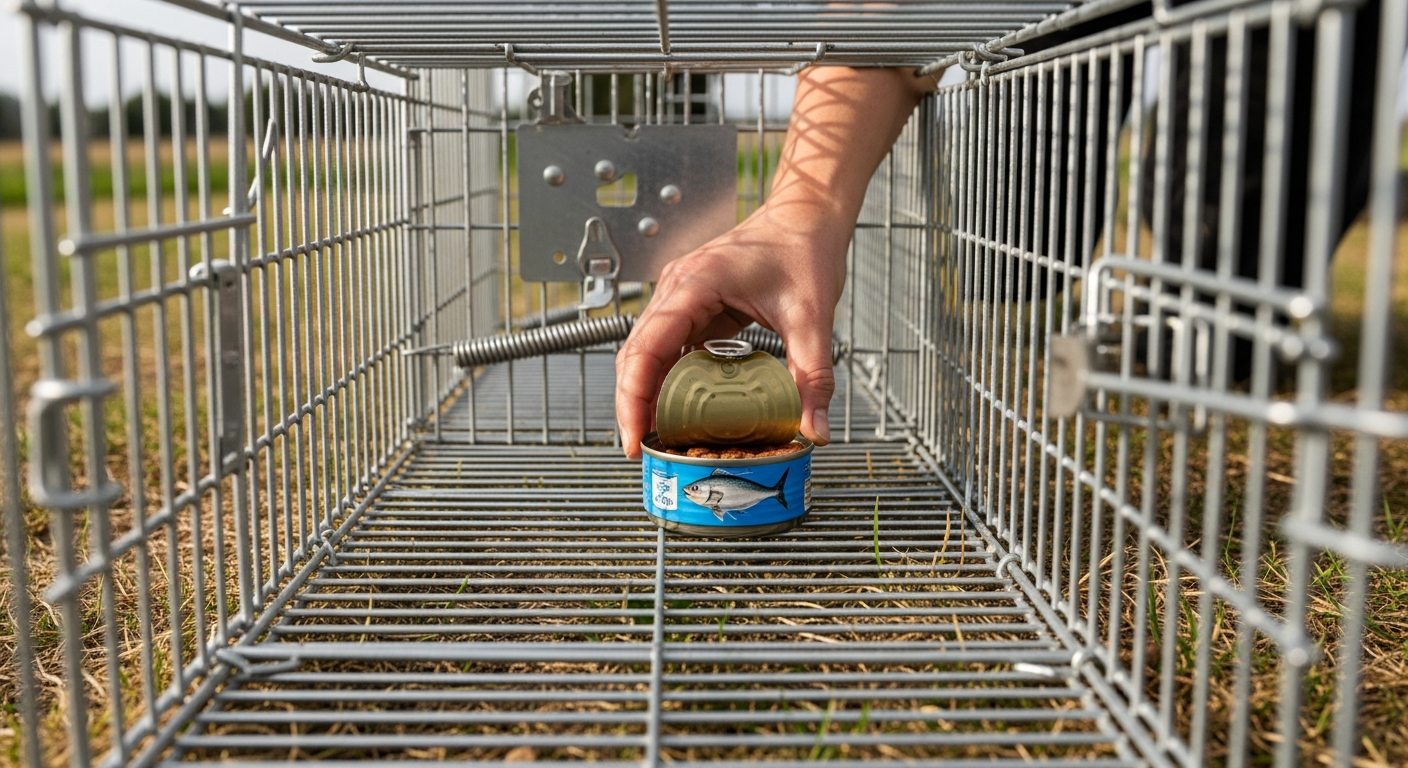 Placing cat food bait at the back of a wire cage skunk trap, viewed from the door end