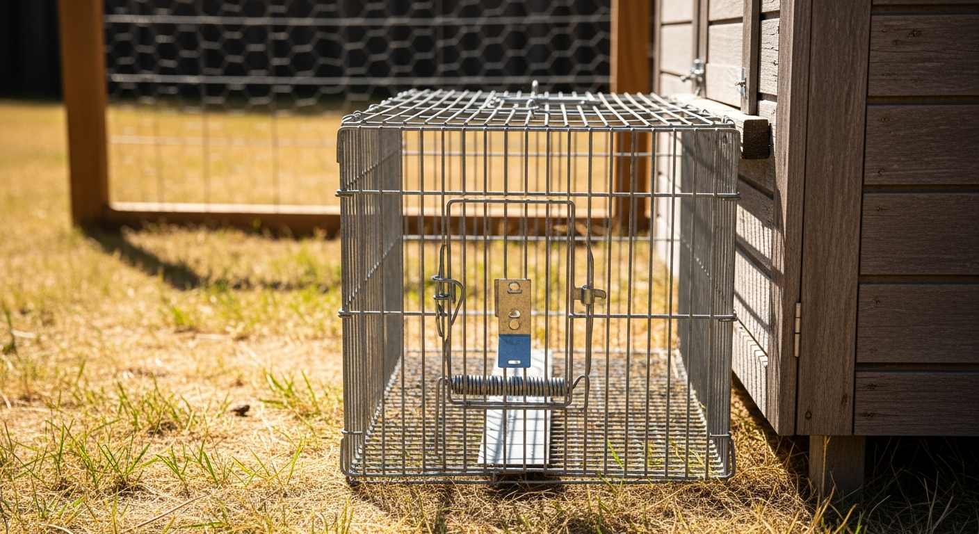 Wire cage skunk trap set against a wooden coop wall on dry summer grass, ready to be baited
