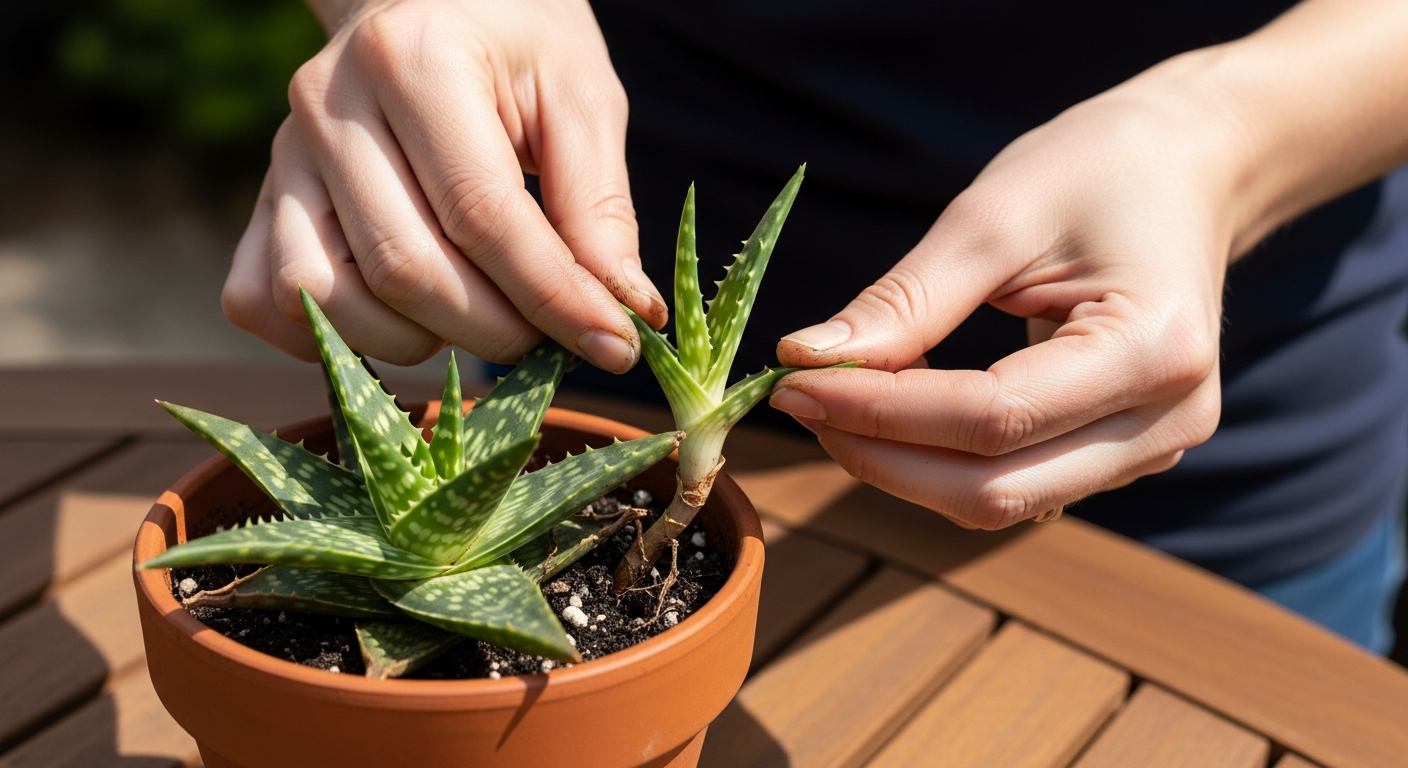 Hands separating a soap aloe pup offset from the mother plant for propagation