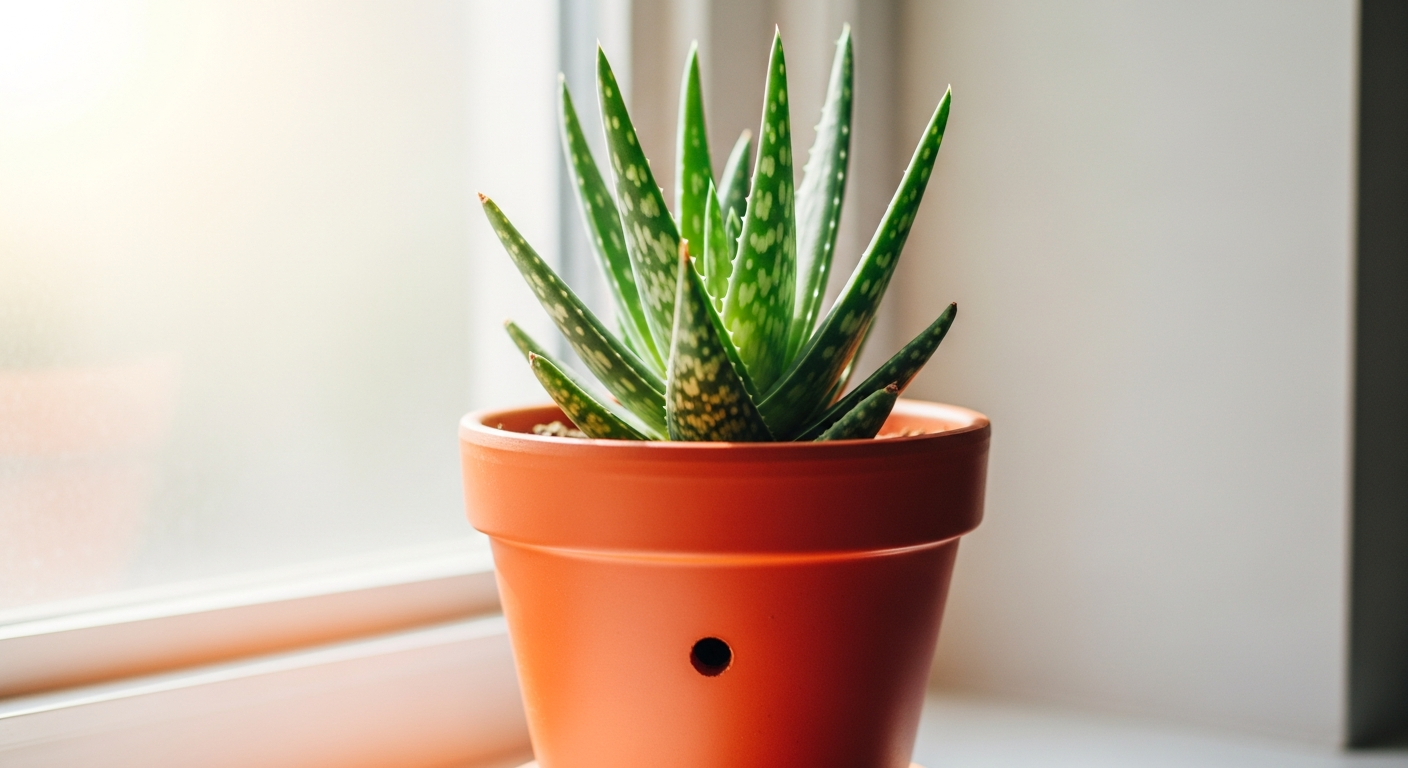 Soap aloe in a terracotta pot on a sunny windowsill showing healthy spotted rosette