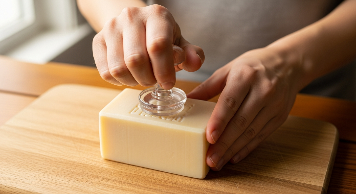 Hands pressing an acrylic soap stamp straight down into a homemade soap bar on a wood cutting board
