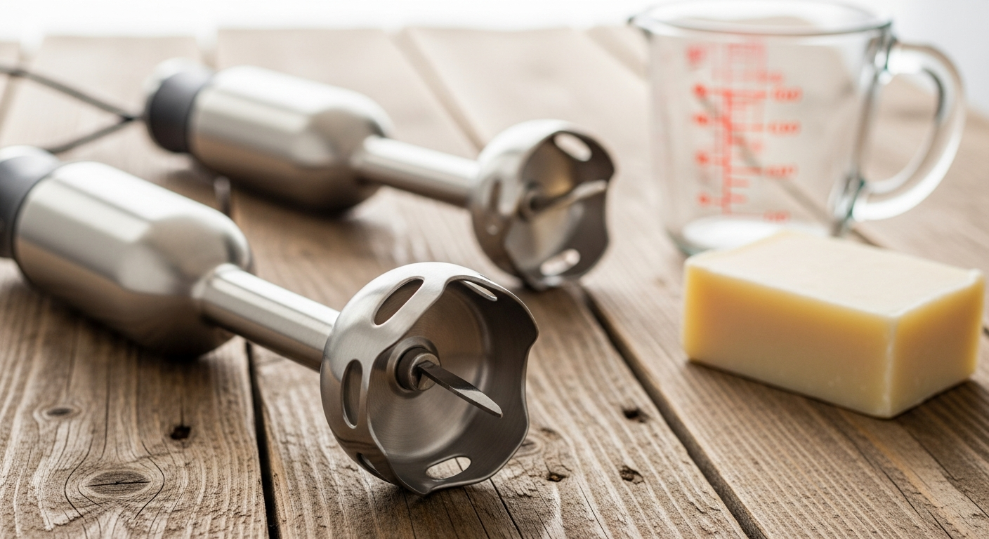 Three stick blenders on a rustic wood surface next to a bar of handmade soap for soap making