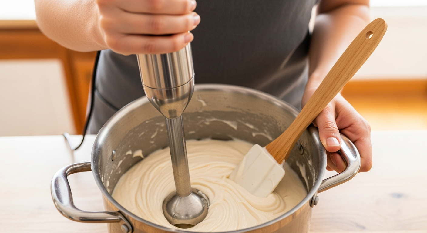 Hands holding a stick blender submerged in creamy soap batter in a stainless steel pot at light trace