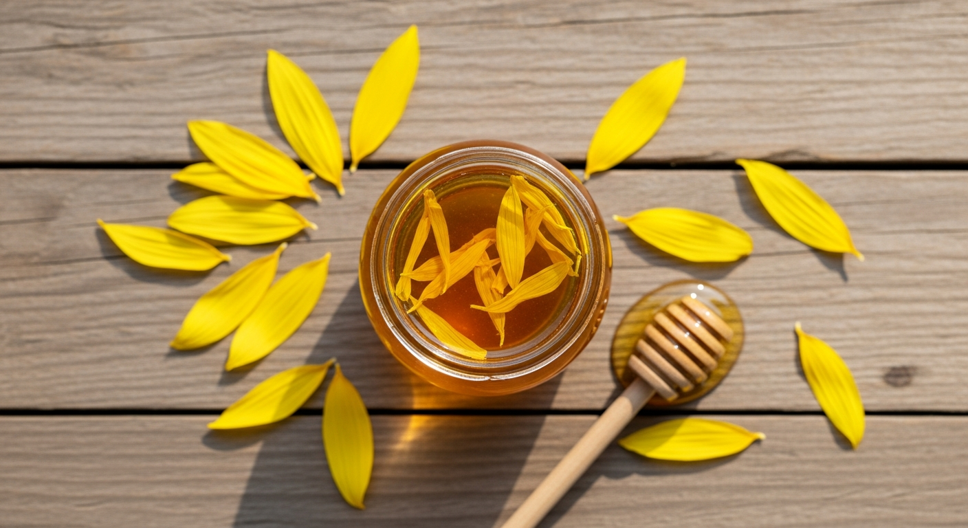 Fresh yellow sunflower petals scattered around a small glass jar of golden sunflower petal tea on a weathered wood surface