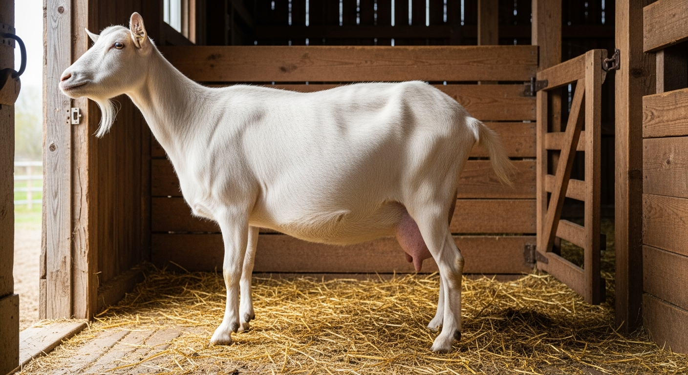 Pregnant dairy doe with full swollen udder in a farmhouse barn stall close to giving birth