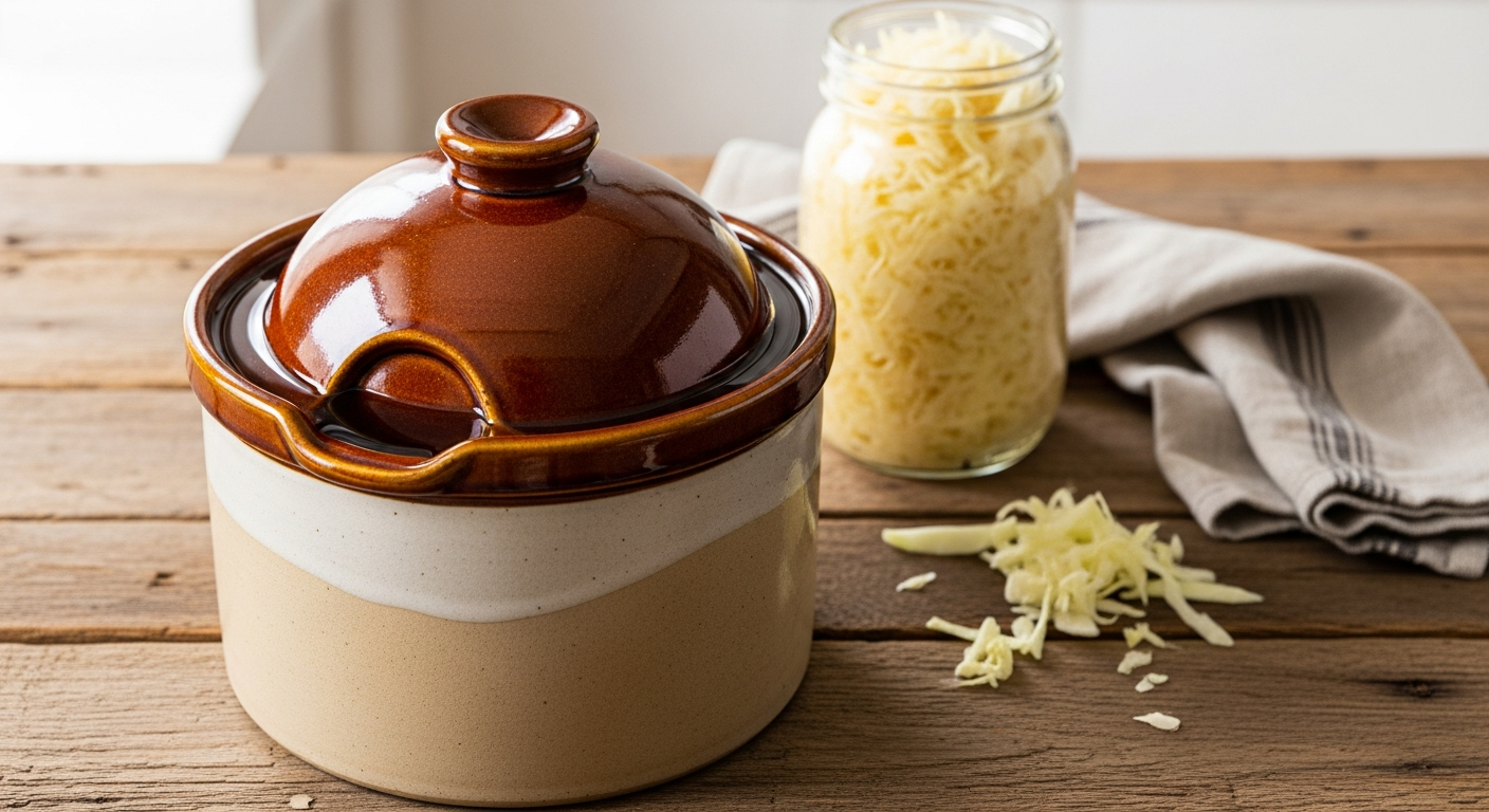 A water seal fermentation crock on a farmhouse counter with the water moat visible and a jar of finished sauerkraut beside it
