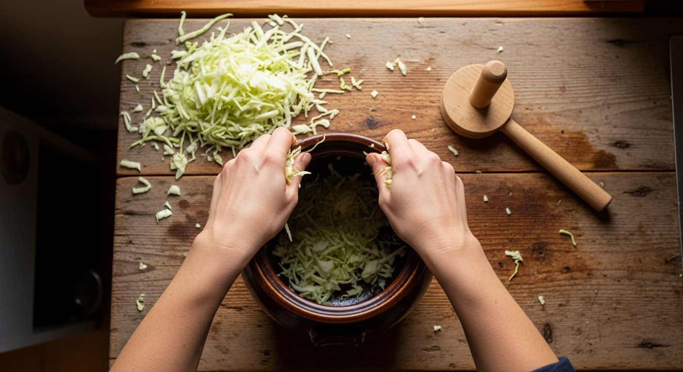 Hands packing shredded cabbage into a water seal fermentation crock with a wooden tamper on a farmhouse kitchen counter