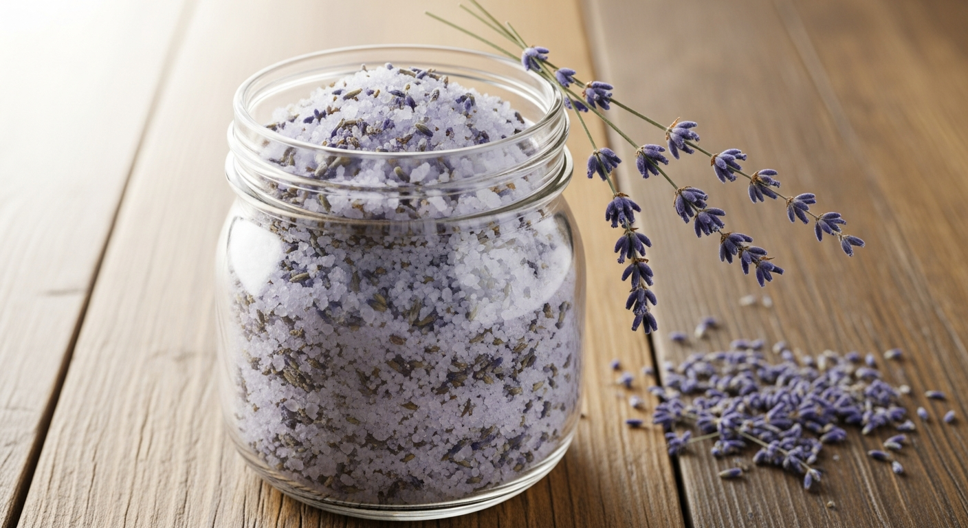 Homemade lavender bath salts in a mason jar with dried lavender sprigs on a wood surface