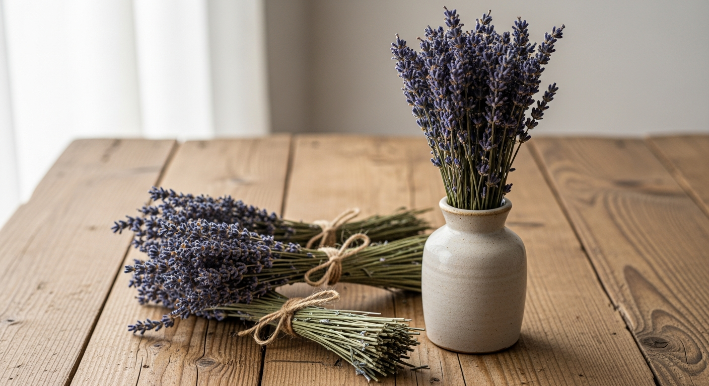 Dried lavender bundles tied with twine next to a small ceramic vase on a wood surface