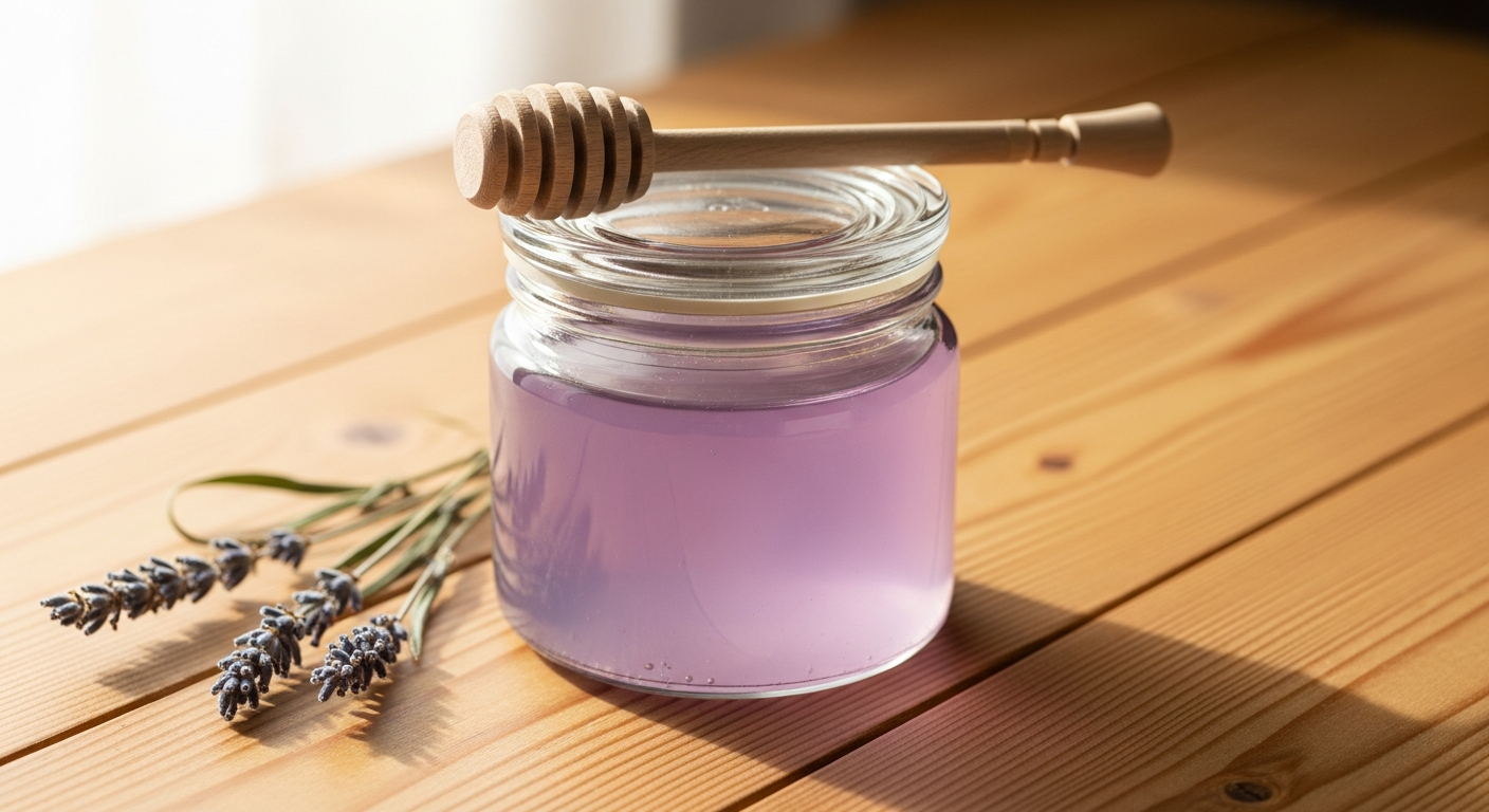 Small jar of pale purple lavender simple syrup with a wooden honey dipper on a light wood surface
