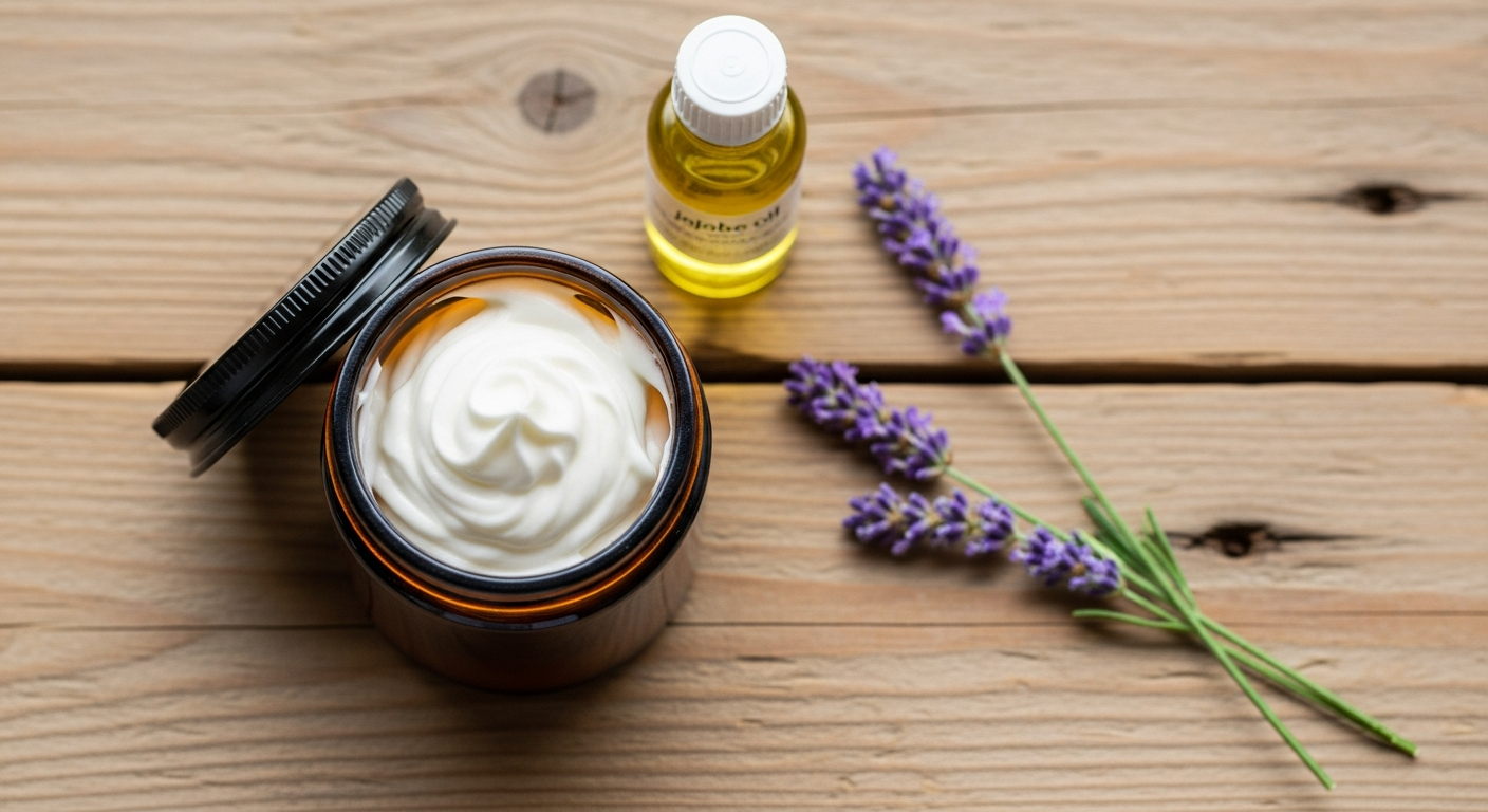 Whipped tallow face cream in an amber glass jar with jojoba oil and lavender on wood
