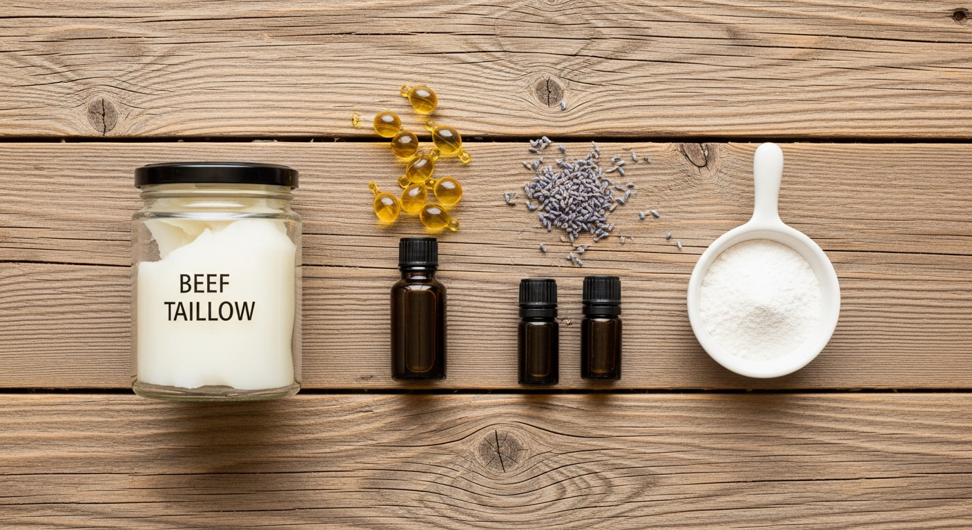Whipped tallow face cream ingredients including tallow jar jojoba oil and essential oils on wood